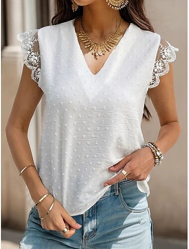  Blusas Elegantes de Encaje Blanco para Mujer Blusa de Ojal Blusas Casuales de Color Sólido Tops Sin Mangas Cuello en V Parche de Encaje Ajuste Regular Tops Románticos Petites para el Verano Ropa de