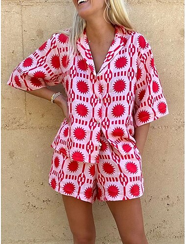  Per donna Di tendenza Streetwear Giornaliero Camicia Blusa Pantaloncini larghi Mezza manica Colletto Floreale Stampa Informale Giornaliero Rosso Estate Standard