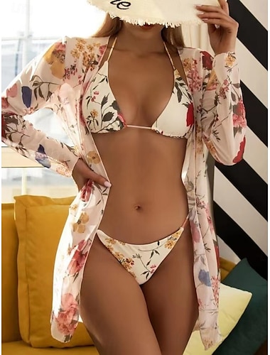  Femme Maillots de Bain Bikinis Trois pièces Slip Brésilien Maillot de bain Dos Nu Mince Vacances Tenues de plage Couleur unie Dos nu Sans Manches manche longue Maillots de bain