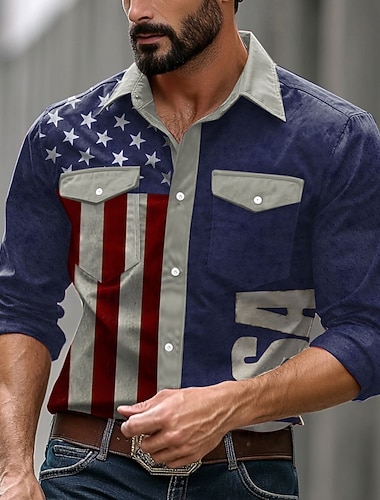  Herren Amerikanische US-Flagge 250. Jahrestag des Unabhängigkeitstages der USA am 4. Juli Freizeithemd Westernhemd Knopfhemd Langarm Western Modisch lässig Lässig Frühling Herbst Umlegekragen Knopf