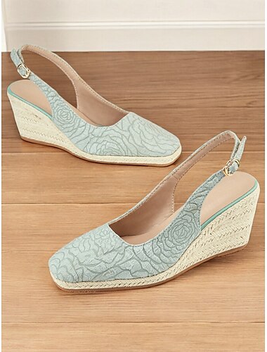  Grüne Espadrille-Schuhe mit Blumenstickerei für Damen mit Keilabsatz und Slingback – elegante Sommerschuhe mit Absatz für die Freizeit und Partys
