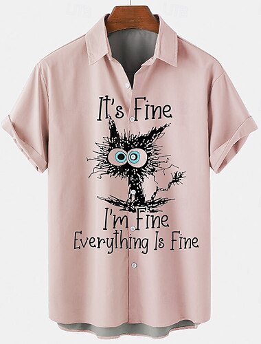  Herren Katze Lässiges Hemd Knopfhemd Kurzarm Brautkleider schlicht Casual Sommer Frühling Umlegekragen Knopf hoch Rosa Blau Beige