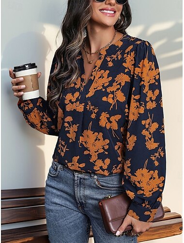  Damen Hemd Bluse Blumen Stilvoll Brautkleider schlicht Langarm Gekerbter Hals Normale Oberteile Täglich Bedruckt Marineblau Sommer Frühling Herbst