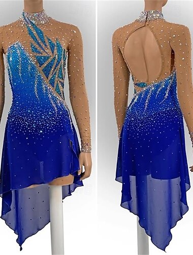  Eiskunstlaufkleid Damen Mädchen Eislaufen Kleid Blau Offener Rücken Asymmetrischer Saum Netzstoff Hohe Elastizität Training Wettbewerb Eiskunstlaufkleidung Klassisch Kristall / Strass Langarm