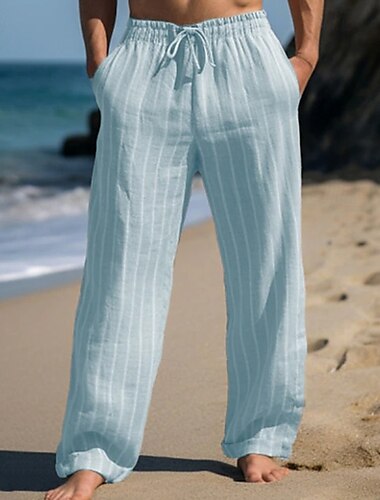  Herren Leinenhosen Hose Sommerhose Strandhose Kordelzug Elastischer Bund Gerader Schnitt Gestreift Komfort Atmungsaktiv Volle Länge Lässig Täglich Ferien Urlaub Mode Weiß Himmelblau