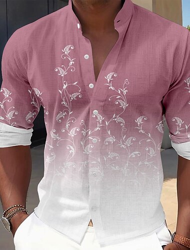  Herren Blumen Lässiges Hemd Knopfhemd Langarm Brautkleider schlicht Resort Urlaub Casual Frühling Herbst Stehkragen Knopf hoch Rosa Blau Grün