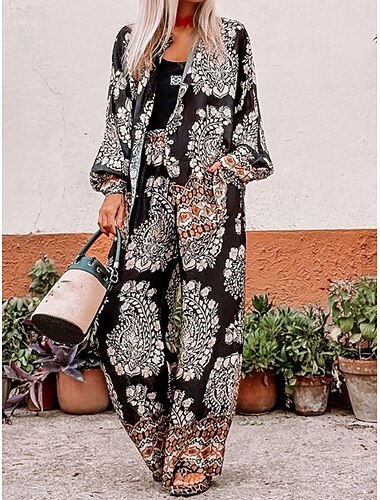  Dam Mode Streetwear Dagligen Skjorta Blus Byxor med vida ben Långärmad Tröjkrage Blommig Mönster Ledigt Dagligen Svart Sommar Normal