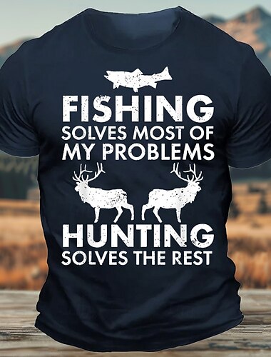  T-shirt graphique pour hommes de pêche et de chasse | 'La pêche résout la plupart de mes problèmes la chasse résout le reste' T-shirt à manches courtes