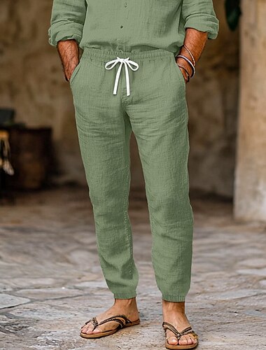  Hombre Pantalones de lino Pantalones Pantalones de verano Cintura elástica Pierna recta Alto aumento Color sólido Comodidad Transpirable Longitud total Ropa de calle Sencillo Retro Antiguo Negro