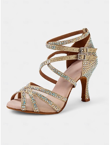  chaussures de danse latine en maille pour femmes avec lanières en cristal - idéales pour la salle de bal et la salsa