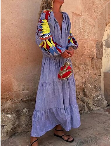  Pentru femei Rochie Maxi Rochie casual Rochie A line Stilat Casual Manșon de lanternă Vacanță Zilnic Fit regulat Geometric Manșon Lung În V Albastru piscină Primăvară Toamnă