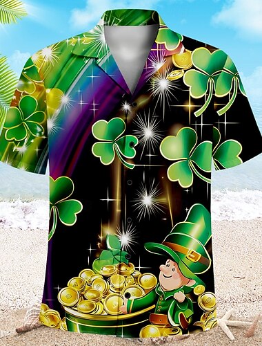  St. Patrick Herren Shamrock Freizeit Hemd Kurzarm Freizeit Geschenk Freizeit Sommer Frühling Cuban Kragen Knopf-Down Grün