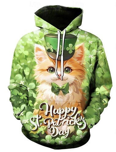  Pyhän Patrickin päivä Kissa Shamrock irlantilainen Huppari 3D Onnekas apila Edessä tasku Kuvitettu Käyttötarkoitus Pariskuntien Miesten Naisten Aikuisten Pyhän Patrickin päivä 3D-tulostus Juhla Rento