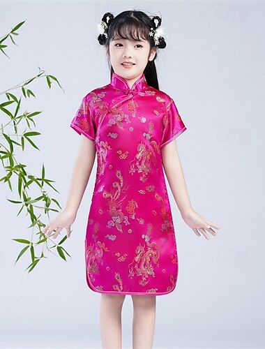  kinderkleidung Mädchen Kleid Chinesisches Cheongsam Drache Kurzarm Leistung Party Bestickt bezaubernd Chinoiserie Polyester Übers Knie Cheongsam Kleid Sommer Frühling 4 Jahre + Schwarz Gelb Rosa