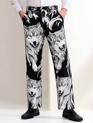  Miesten Eläin Susi Housut Puvunhousut Keskivyötärö Vapaa-aika Vintage retro Pyhäpäivä Katuvaatteet Isänpäivälahjat Tasainen etuosa Suoralahkeiset housut Kesä Kevät Syksy 3D-tulostus Musta