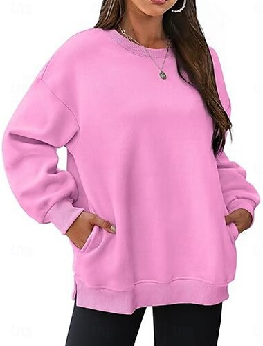  Sweatshirt für Damen, lässig, schlicht, für den Alltag, Rundhalsausschnitt, Tasche, langärmelig, Schwarz, Rosa, Khaki, Herbst, Winter