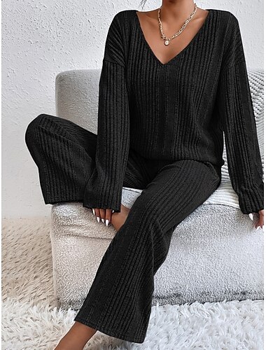  Damen Schlafanzug Set Brautkleider schlicht Komfort Einfarbig Elastische Taille T Shirt Hose Heim Täglich Langarm V Ausschnitt Schwarz Hellgrau Beige Frühling Herbst Winter Regular Fit