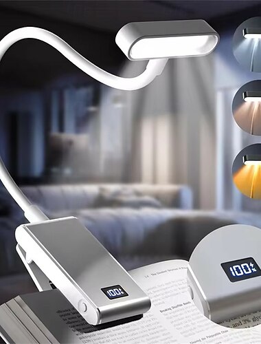  Lampe de lecture rechargeable en aluminium - 3 couleurs, 3 niveaux de luminosité, mini lampe de lecture à pince, anti-lumière bleue, conception flexible et pliable pour le chevet, l'étude et la