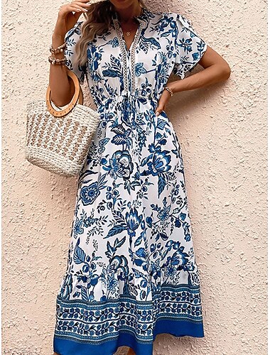  Mujer Normal Vestido maxi Vestidos Boho Chic Vestido bohemio Bohemia Vacaciones Playa Ajuste regular Graphic Manga Corta Escote en Pico Azul Piscina Verano