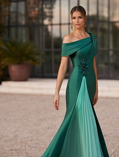  robe de soirée sirène / trompette élégante robe plissée formelle satin mariage longueur au sol manches courtes une épaule fente broderie appliques 2025