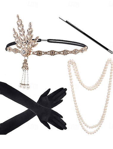  1920er Jahre Flapper Accessoires Gatsby Kostüm Accessoires Set für Damen 20er Jahre Kopfbedeckung Perlenkette Handschuhe Halter