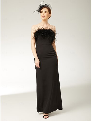  Etuikleid/Säulenkleid für die Brautmutter, elegantes schwarzes Kleid, trägerlos, knöchellang, bodenlang, Spandex-Stretchstoff, ärmellos, mit Federn 2025