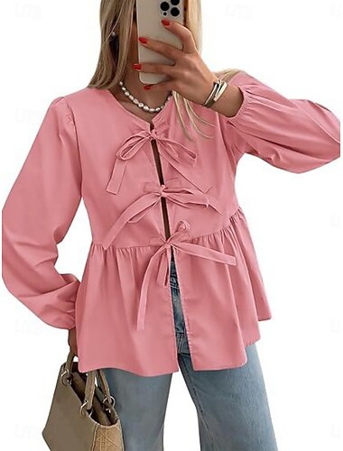  Femme Chemise Chemisier Couleur unie basique Décontractées manche longue Col V Hauts réguliers du quotidien Patchwork Blanche Rose Claire Bleu Printemps & Automne