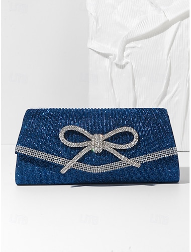  Cartera de mano con purpurina azul y detalle de lazo de diamantes de imitación, elegante bolso de noche para mujer, perfecto para bodas, fiestas y eventos formales, plata, negro y azul