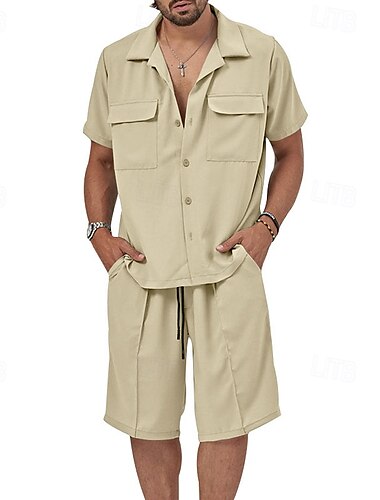  Herren 2 Stück Hemden-Set Sommer-Set Lässiges Hemd Knopfhemd Schwarz Weiß Hellgrün Grün Kaki Kurzarm Glatt Kragen Urlaub Täglich Tasche Bekleidung Modisch Brautkleider schlicht Komfortabel