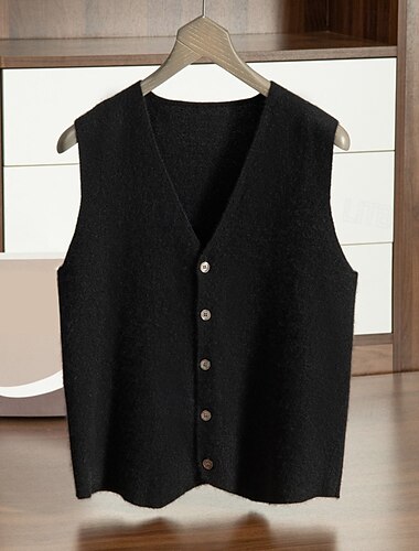  Herren Kaschmir Strickjacke Weste Stricken Knopf hoch V Ausschnitt Strickware Elegant Schule Formell Bekleidung Frühling Herbst Schwarz Marineblau S M L