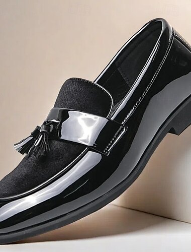  mocassins masculinos pretos de couro sintético com borlas e detalhes em veludo – sapatos sociais slip-on para casamento e uso formal