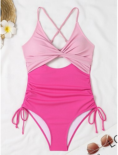  Damen Badeanzug Bikinis Bademode Rückenfrei Patchwork Urlaub Farbblock V Ausschnitt Ärmellos Badeanzüge