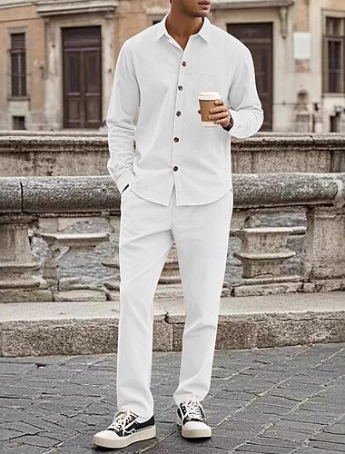  Hombre 2 Piezas Conjunto de camisa Conjuntos a juego Camisa casual Camisa de cuello Abotonar la camisa Negro Blanco Azul Marino Oscuro Color Caquí Gris Manga Larga Plano Cuello Vacaciones Diario Ropa