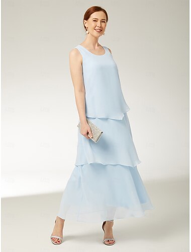  kokerjurk / kolomjurk voor moeder van de bruid strandbruiloft elegant eenvoudig juweel hals enkellengte chiffon mouwloos met lagen effen kleur 2025