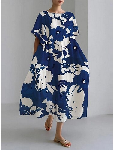  Damen Blumen Rundhals Maxikleid Kurzarm Sommer Frühling