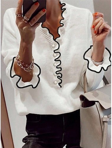  Femme Pull Chandail Gilet Cardigan Décontractées Flexible Couleur monochrome A côtes Col V A Volants Boutons Tricoté manche longue Hauts réguliers Tricoter Extérieur du quotidien Fin de semaine Noir
