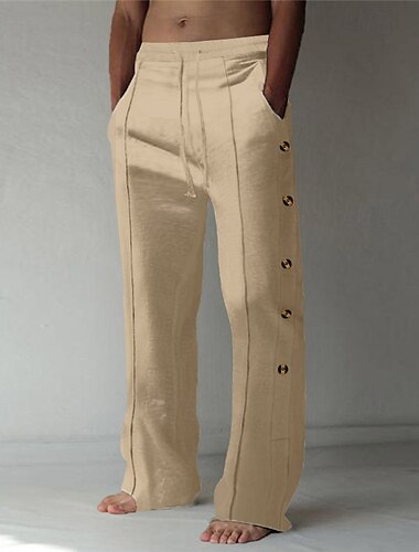  Herren Leinenhose Hose Hosen Sommerhosen Strandhose Elastische Taille Seitentaste Gerade geschnitten Glatt Komfort Atmungsaktiv In voller Länge Täglich Festtage Strand Modisch Klassicher Stil Schwarz