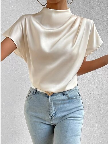  Femme Chemisier Couleur unie du quotidien mode Décontractées Manche Courte Col Ras du Cou Hauts réguliers du quotidien Patchwork Noir Blanche Rose Claire Eté Printemps Automne