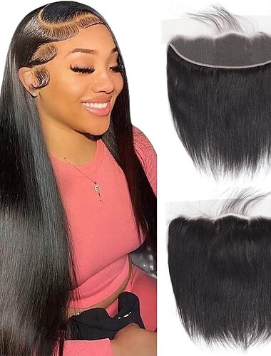  Cabello humano brasileño liso con cierre frontal de encaje transparente de 13 x 4, encaje suizo, cabello remy 100 % humano, prearrancado con cabello de bebé