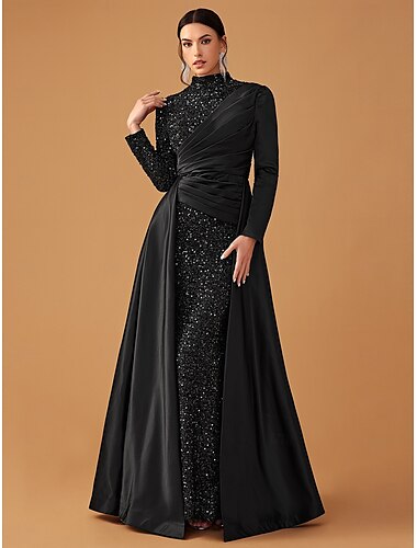  schwarzes Kleid Abendkleid formelles Hochzeitsgastkleid Schleppe Langarm Stehkragen Spitze mit Falten Schal 2024