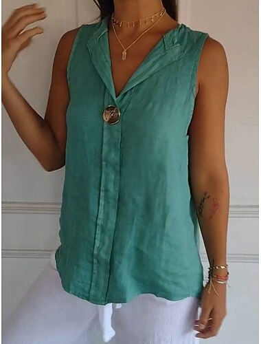  בגדי ריקוד נשים חולצה פשתן כותנה דמוי עור כפתורים אחיד מסוגנן יום יומי ללא שרוולים צווארון V חולצות רגילות יומי לבן כחול נייבי תלתן חאקי קיץ
