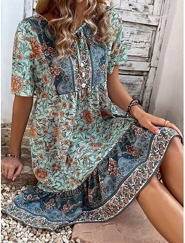  Γυναικεία Μίνι φόρεμα Καθημερινό φόρεμα Boho Chic Φορέματα Φόρεμα Boho Βοημία Etnic Καθημερινό Διακοπές Καθημερινά Παραλία Χαλαρή Εφαρμογή Φλοράλ Κοντομάνικο Λαιμόκοψη V