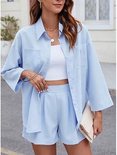  Damen Modisch Strassenmode Täglich Hemd Baggy Shorts Kurze Hosen Langarm Hemdkragen Glatt Casual Täglich Schwarz Himmelblau Grün Frühling & Herbst Regular Fit