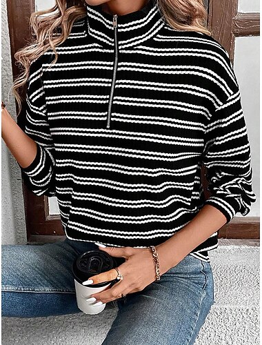  Damen Sweatshirt Casual Streifen Street Alltagskleidung Kapuzenpullover Reißverschluss Langarm Schwarz Herbst Winter