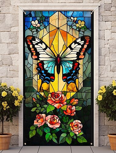  Decoraciones de puerta con efecto de vidrieras, cubiertas de puerta, tapiz de mariposa para puerta, cortina de puerta, decoración de fondo, pancarta de puerta interior/exterior para puerta de