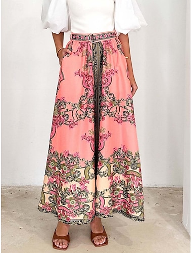  Dames Rok A-lijn Bohemen Casual Maxi Hoge taille Rokken Bloemig Afdrukken Micro-elastisch Straat Dagelijks Blozend Roze Zomer Polyester