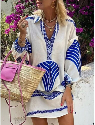  Damen Minikleid blusenkleid Casual kleid Brautkleider schlicht Täglich Regular Fit Geometrisch Langarm Hemdkragen Schwarz Blau Grün Sommer Frühling Herbst