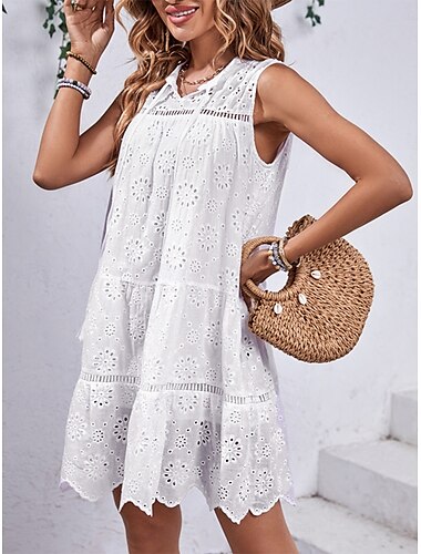  Damen Minikleid Weißes Kleid Freizeitkleid Boho-Kleid Einfarbiges Kleid Lässig Sport & Outdoor Straße Normale Passform Einfach Ärmellos V Ausschnitt Weiß Sommer Frühling Herbst