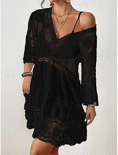  Damen Midikleid Spitzenkleid Cut-out-Kleider Boho-Kleid Elegant Stilvoll Basic Urlaub Täglich Lässiger Schnitt Einfach Halbarm V Ausschnitt Schwarz Weiß Grün Sommer