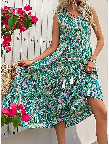  Damen Midikleid Casual kleid Schaukelkleid A Linie Kleid Tank-Top Kleid Brautkleider schlicht Täglich Regular Fit Blumen Ärmellos V Ausschnitt Blau Fuchsie Grün Sommer Frühling Herbst